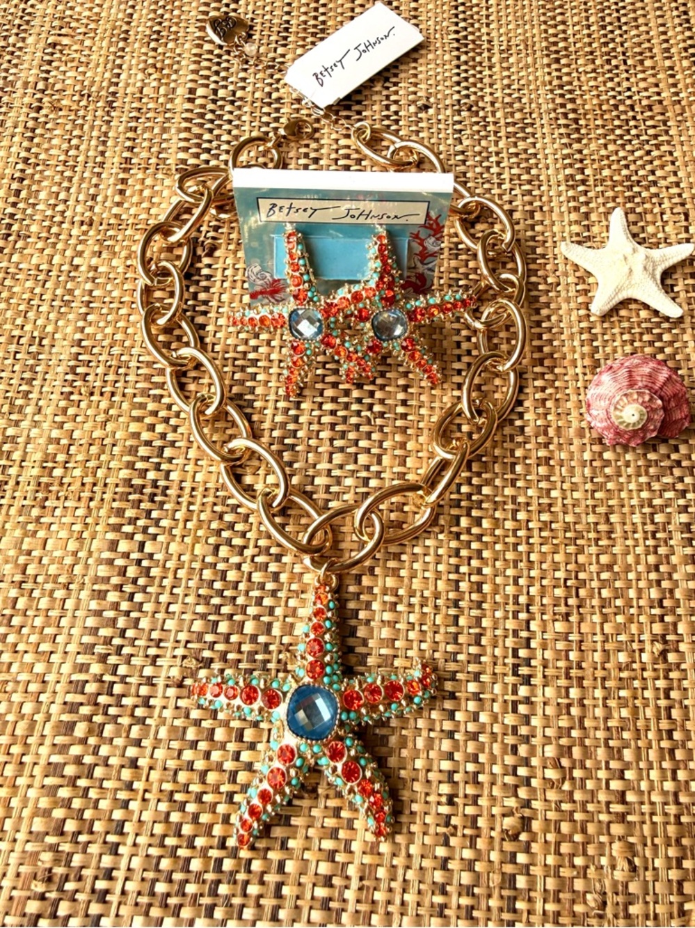 Betsey Johnson Chunky Gold Chain Necklace & Earrings Set Starfish Mermaid Beach